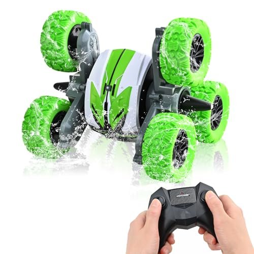 Whiriwhiri 2024 Upgraded RC Amphibious Car Waterproof Tri Wheeler 360 Degree Spin Stunt Double Sided Driving Rechargeable Remote Control Toy Gift for Kids Ages 6 to 14