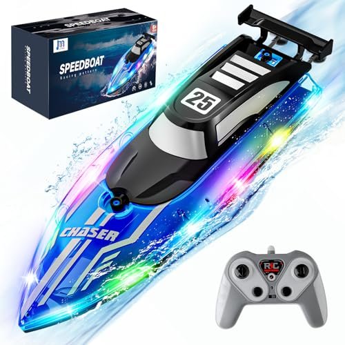 JOI MEW 2.4Ghz Remote Control RC Boat for Pools with LED Lights Rechargeable Battery Waterproof Toy for Kids Ages 8 12 Boys Girls Blue