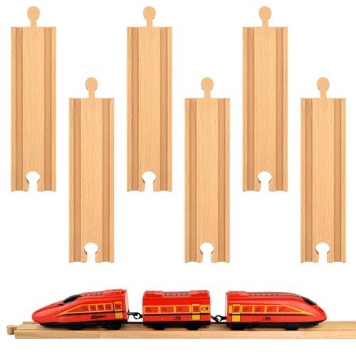 Mototo 6 Pieces Wood Train Tracks Expansion Straight Wooden Train Tracks Compatible with Playmobil Train RC 6 Inch Wood Train Track Accessories for Girls Boys Birthdays 6 PCS Straight 6pack