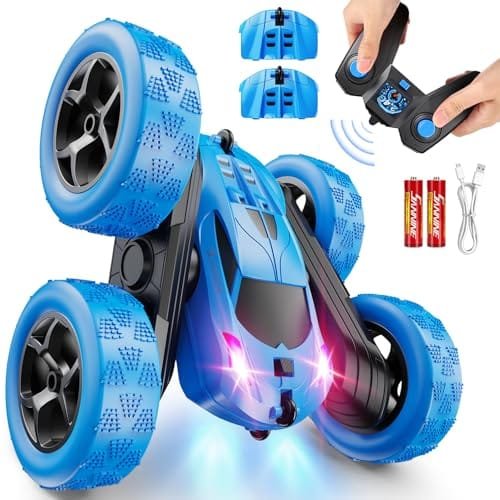 QUNREDA LED Lights RC Car 4WD Stunt Toy with 360 Flips and USB C Modular Batteries for Kids Ages 6 12