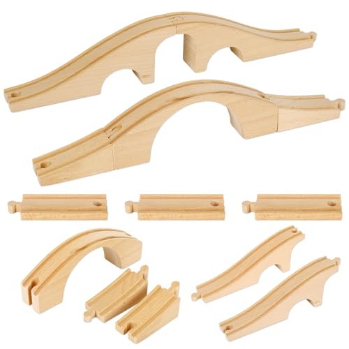 JarThenaAMCS 8 Pieces Wood Train Track Expansion Set Compatible with Toy RC Train Wooden Bridges and Straight Tracks