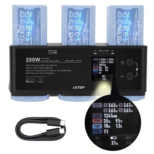 LKTOP 200W 20v Power Drive RC Battery Fast Charger Hub for DJI Air 3 Series Drone with USB C Power Adapter and LED Display