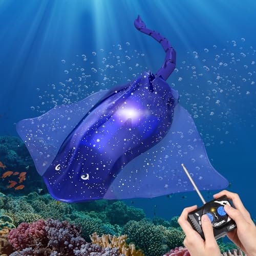 Whimsyland RC Stingray Remote Control Boat High Simulation Diving Manta Ray Toy for Kids Age 4 Plus with LED Lights 2 4GHz RC Boat for Pool Lake Bathroom Blue