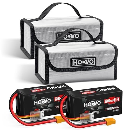 HOOVO 3S Lipo Battery 2200mAh 80C 11.1V Shorty Lipo Battery Pack Softcase with XT60 Connector 2Pack+HOOVO Lipo Battery Bag, 2 Pack, 180 * 105 * 80mm, Accommodate 4pcs Battery