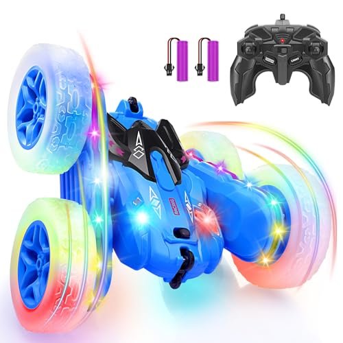 SGILE Remote Control Car, Stunt Car with Sides Light Strip and Headlights, 2.4Ghz Double Sided 360 Flips Rotating Race Car, Rechargeable RC Car Kids Toy for Boys Girls Birthday Gift, Blue