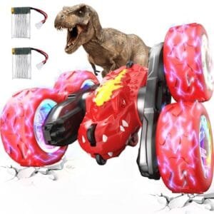 NUOKE Remote Control Car with Cheap Nitro Fuel for RC Cars Rechargeable 360 Flip 4WD Stunt Car for Boys Ages 4 12 Dinosaur Toy with 2 Batteries