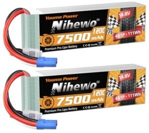 Nihewo 2Packs 4S Lipo Battery, 14.8V 7500mAh Lipo Batteries Soft Case 120C EC5 Plug Compatible with 1/5 1/6 1/7 1/8 Scale RC Car Truck Truggy Vehicles Tank Boat Airplane Models