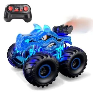 Threeking 1 18 Scale Dinosaur 4WD Gas RC Trucks Remote Control Toy Car with Lights and Spray for Boys Girls Ages 6 Plus Blue