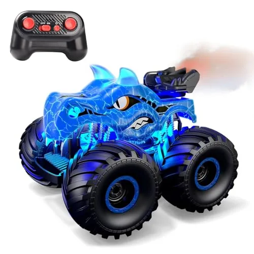 Threeking 1/18 Scale Dinosaur 4WD Gas RC Trucks Remote Control Toy Car with Lights and Spray for Boys Girls Ages 6 Plus Blue