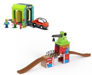 Wooden Train Accessories Set with Lifting Crane Bridge and Car Washer Station Compatible with Thomas Brio Melissa and Doug