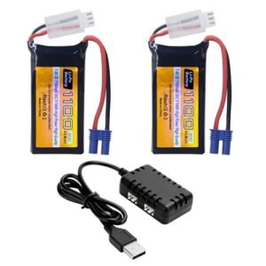 MOONZON 2PCS 7.4V 2S 1100mAh EC2 Plug Lipo Battery with 2 in 1 Charger for RC Willey Roseville Furniture UTB18 Four Wheel Drive Off Road High Performance Climbing Vehicle