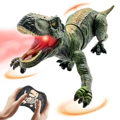 Moskiddo RC Robot Dinosaur Toy for Kids Ages 3 12 Green Electronic T Rex Dino with Realistic Movements Sounds and LED Light