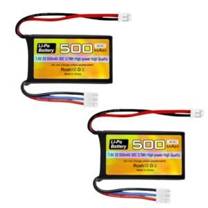 Fytoo 2PCS 7.4V 500mAh 30C Lipo Battery RC Car Drone Battery with PH2.0 Plug for AX24 SCX24 RC Car Model Batteries Compatible with Most 1/10, 1/16, 1/18, 1/24 Scale RC Cars Trucks