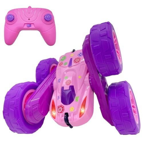 Threeking RC Stunt Car with Lights Remote Control Toy for Girls Double Sided Driving 360 Degree Flips Pink Purple