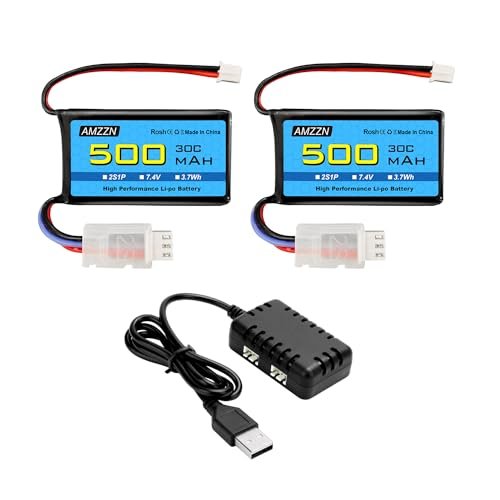 AMZZN 2PCS 7.4V 500mAh 30C PH2.0 Lipo Battery with 2 in 1 Charger for AX24 SCX24 RC Car and Compatible with Most 1/10 1/16 1/18 1/24 Proportional RC Trucks and Drones