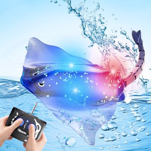 ASOBI Remote Control Boat, 2.4Ghz RC Boat Stingray Robot Fish Toy with LED Lights for Lake Swimming Pool Bathroom Summer Toys for 4 5 6+ Year Old Boys and Girls Christmas Birthday Gifts