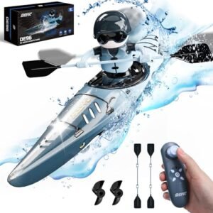 DEERC RC Kayak Boat for Kids,2.4 Ghz Remote Control Shark Boat Toys W/LED Light for Pools,Lake,Bathtub,Swimming Never Capsize Summer Outdoor Water Toys Gift for Ages 6-12 Boys Girls Blue（1PCS）