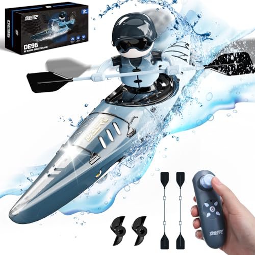 DEERC RC Kayak Boat for Kids,2.4 Ghz Remote Control Shark Boat Toys W/LED Light for Pools,Lake,Bathtub,Swimming Never Capsize Summer Outdoor Water Toys Gift for Ages 6-12 Boys Girls Blue(1PCS)