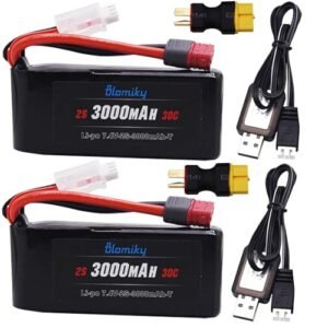 Blomiky 2 Pack 7.4V 3000mAh Shorty Lipo Battery with XT60 Converter for Banggood RC Trucks Wltoys 124019 124018 144001 Hyper Go H14BM14210