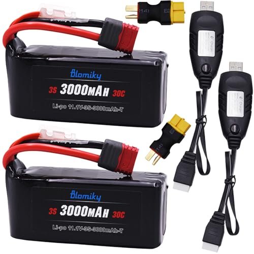 Blomiky 2 Pack 11.1V 3000mAh LiPo Battery with XT60 Converter for RC Bladeworks Shaman Scales and Other 1/8 1/10 1/14 Remote Control Cars