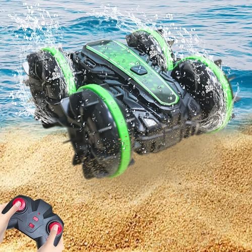 Veilxty Amphibious Remote Control Car with Best RC Boat Hull 2.4 GHz 4WD All Terrain Waterproof Stunt Toy for Kids Teens Green