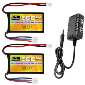 Sea Jump 2PCS 7.4V 500mAh 30C Lipo Battery with PH2.0 Plug and 2 in 1 Charger for RC Lowered Trucks and AX24 SCX24 Models