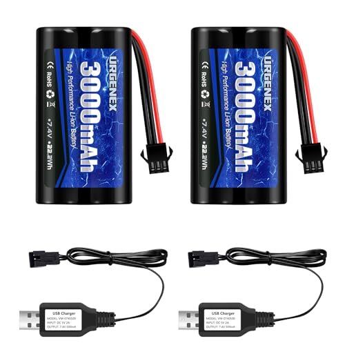 URGENEX 2S RC Battery 3000mAh 7.4V Li ion Battery with SM3P Plug for Jambo RC Truck and Other RC Toys