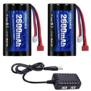 URGENEX 2600mAh 7.4 V Li-ion Battery with Dean-Style T Plug 2S Rechargeable RC Battery Fit for WLtoys 4WD High Speed RC Cars and Most 1/10, 1/12, 1/16 Scale RC Cars Trucks with 7.4V Battery Charger