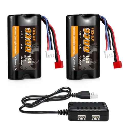VICMILE 7.4V 3300mAh Li ion RC Truck Charger Battery with Dean Style T Plug for WLtoys 1/10 1/12 1/16 Scale Trucks