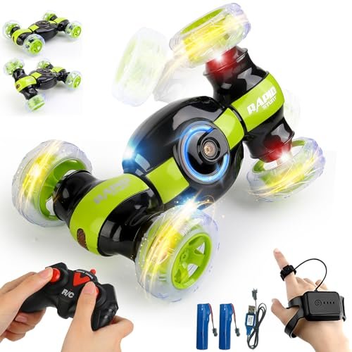 HTURCCOP Remote Control Car, RC Stunt Car Invincible 360°Rolling Twister with Colorful Lights & Music Switch, Rechargeable Remote Control Car for Boys and Girls (Green)