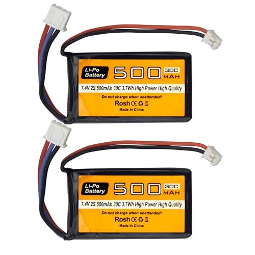2PCS 7.4V 500mAh 30C PH2.0 Plug Lipo Battery Suitable for AX24 SCX24 RC Vehicle Compatible with Most 1/10, 1/16, 1/18, 1/24 Proportional RC Vehicles and Trucks