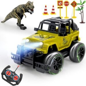 Wagkew Dinosaur Remote Control Car Off Road Monster Truck with LED Lights and Accessories for Kids Ages 3 12