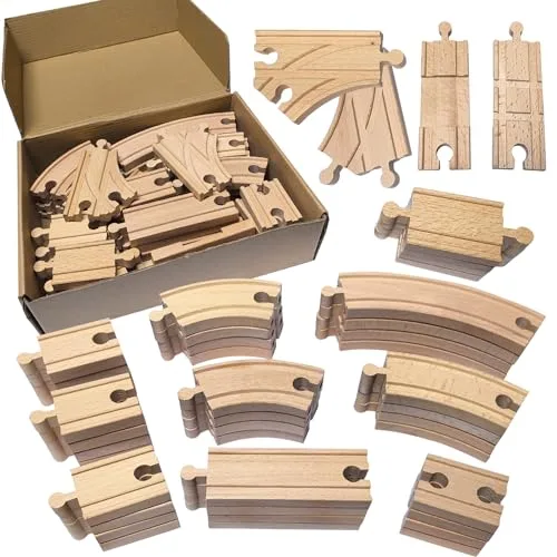 MUYUTOY 44Pcs Wooden Train Tracks Expansion Pack Compatible with RC Trucks Thomas Brio Melissa and Doug