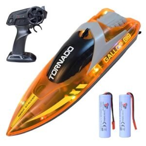 XDJXWJN RC Boat with LED Lights - 15 MPH Remote Control Boat for Pools and Lakes 2.4Ghz Boat for Adults & Kid, with 2pcs Boat Batteries, Orange