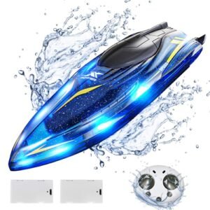 Tecnock RC Boat for Kids - 2.4GHz Remote Control With Waterproof for Pools and Lakes, 360 Flip Stunt Toy With LED Lights, 2 Modular Rechargeable Batteries, Gifts for Boys Girls
