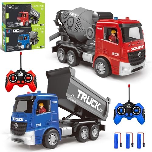 AISYAH RC Truck Tipper and Mixer Toy Set with Lights Sounds Rechargeable Batteries for Kids