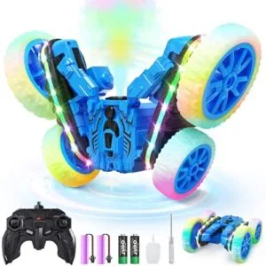 Jimdella RC Car Remote Light Blinking 4WD Stunt Toy with Rainbow LED Lights and Spray Function for Kids Ages 4 12