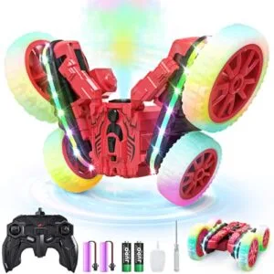 Jimdella Durable RC Cars for Kids 2.4Ghz All Terrain Toy Car with 360 Rotating 4WD Spray and LED Lights Perfect Gift for Boys and Girls Ages 4 12 Red