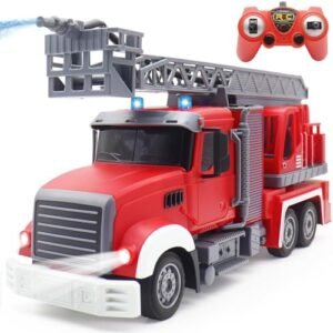 QuirkyGlee 9 Channel RC Fire Rescue Truck with Working Water Pump Rotating Ladder and LED Lights for Kids Boys Age 4 8