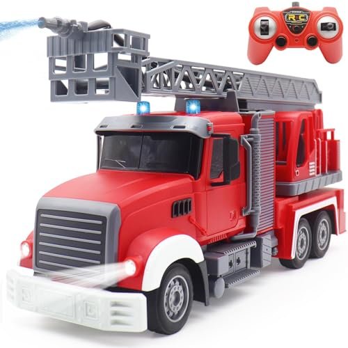 QuirkyGlee 9 Channel RC Fire Rescue Truck with Working Water Pump Rotating Ladder and LED Lights for Kids Boys Age 4 8