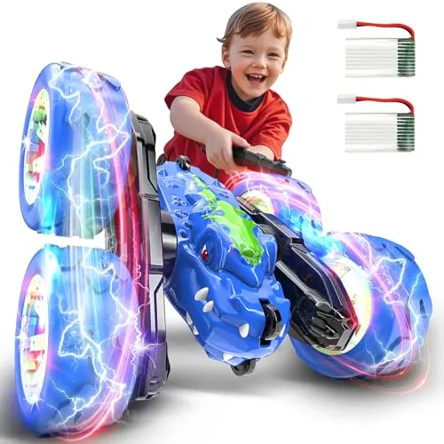 MOBI ONE Remote Control Car for Boys Age 4 7 Rechargeable RC Cars 360 Flip Double Sided RC Stunt Cars with Cool Light Dinosaur Toys for Kids Birthday Xmas Gifts Blue rc cars san diego