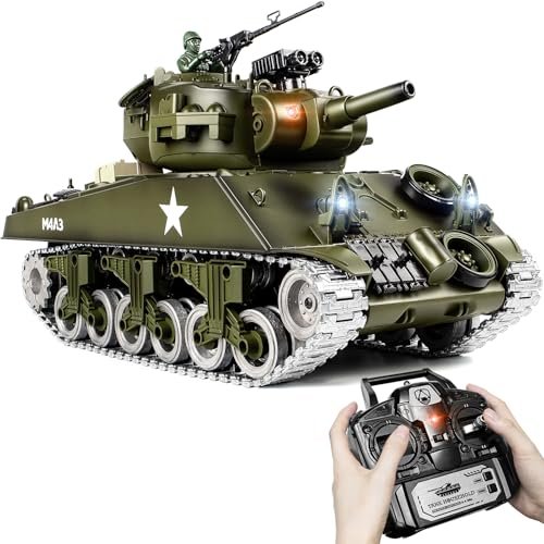 Supdex 1/18 Scale RC Tank Metal US M4A3 Sherman BBS RC Model with 2.4Ghz Remote Control Shoots BBS and Water Bombs Features Smoke Lights Sound and Recoil for Kids and Adults