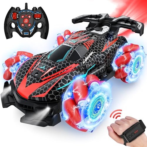 Best RC Car for 10 Year Old Gesture Sensing 2.4GHz 4WD Remote Control Stunt Car with 360° Rotating Lights Music Spray