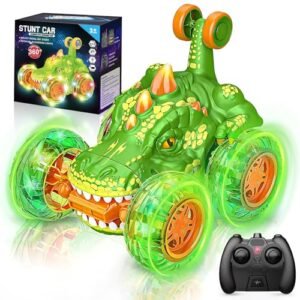 TNOIE Dinosaur Toys Car for Kids 4 7 Double Sided 360 Rotating Remote Control Car with Cool Light RC Cars Dino Toys Childrens Day School Season Gifts for Son Grandson Green