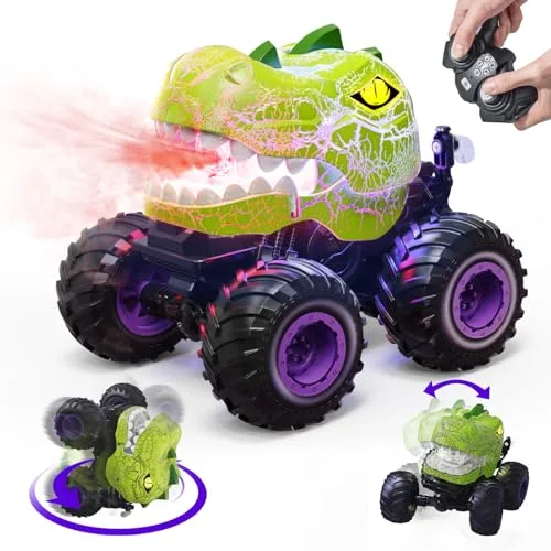 LECPOP RC Monster Truck 1 6 Dinosaur Remote Control Car with 360 Rotating Stunt Lights Sound and Spray for Kids Ages 4 8