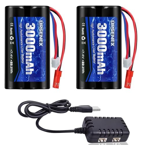 URGENEX 7.4 Volt RC Helicopter Battery 3000mAh 2S Li ion Rechargeable with JST Plug High Capacity for RC Cars Trucks and Boats