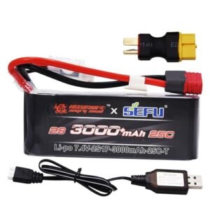 Blomiky 1 Pack 7.4V 2S 3000mAh 25C Lipo Battery with T Plug and Charger Cable for Gas Powered RC Mud Trucks