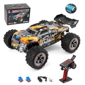 GoolRC WLtoys 184008 Brushless RC Cars for Adults with Absolute RC Plane Simulator APK All Planes Unlocked 60KMH High Speed Remote Control Car 4WD 118 Scale All Terrain Off Road RC Truck 24GHz RC Racing Car with 2 Batteries Yellow
