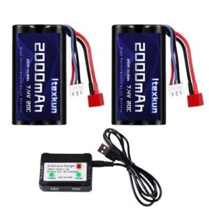 Itexkun 7.4V 2000mAh Rechargeable 2S Li-ion Battery Deans T Plug Fit for WLtoys 4WD High Speed RC Cars and Most 1/10, 1/12, 1/16 Scale RC Cars Trucks with 7.4V Balance Battery Charger
