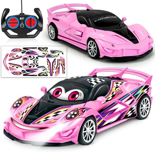 Bloolilies Pink Remote Control Car for Kids at RC Willey Appliance Outlet 1/18 Scale RC Car Toy with LED Headlights and DIY Stickers